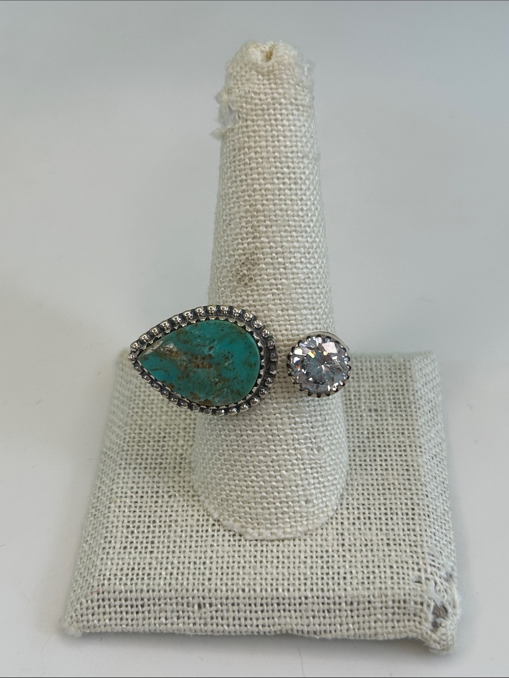 Handmade Sterling Silver Open Teardrop Turquoise & Solitaire Ring - Size 10
